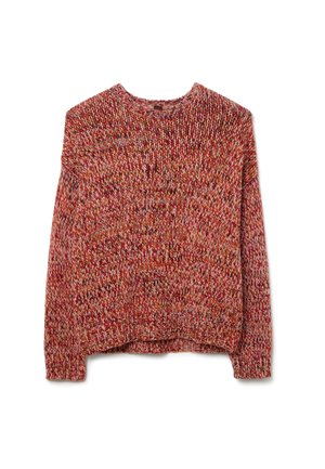 Maglione lavorato a maglia in tonalità rosso, arancio e crema. Presenta un collo rotondo, maniche lunghe e polsini e orlo a coste. Tessuto strutturato e accogliente.