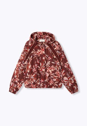 Veste à capuche avec motif floral rouge, rose et beige, poignets et ourlet élastiques, et cordon de serrage à la capuche, disposée à plat sur un fond blanc.