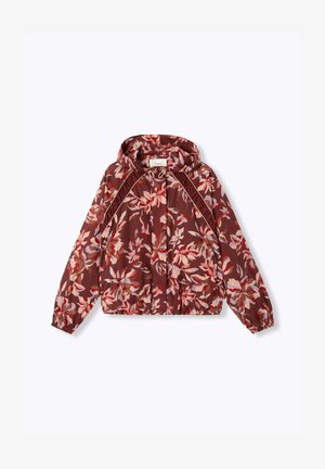 Veste à capuche avec motif floral rouge, rose et beige, poignets et ourlet élastiques, et cordon de serrage à la capuche, disposée à plat sur un fond blanc.