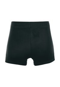 Pantaloni shorts neri realizzati in un tessuto liscio e elasticizzato. Presentano un alto punto vita, una vestibilità aderente e nessun motivo o dettaglio hardware visibile.