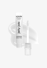 NYX Professional Makeup Jelly Job lipglossbuis rechtopstaand met applicator naast zich en een transparante glossvlek erachter.