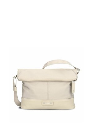 Beige canvas and leather crossbody bag with fold-over zipper top, adjustable shoulder strap, and rounded rectangular base.