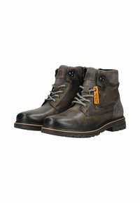 Braune Lederstiefel mit einem robusten Design, ausgestattet mit grauen textilelementen, runden Schnürsenkeln, einer Gummisohle und einem Reißverschluss an der Seite.