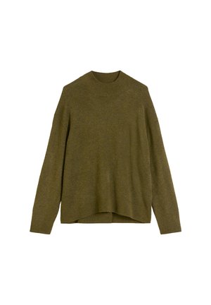 Olive green knit sweater with a ribbed round neck, drop shoulders, and a loose fit. The hem is slightly longer at the back.