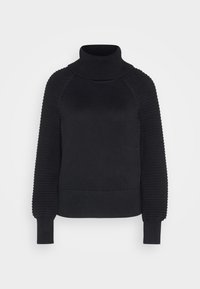 Schwarzer Strickpullover mit hohem Rollkragen, der strukturierte Ärmel und gerippte Bündchen aufweist. Der Körper hat eine glatte Strickoberfläche.