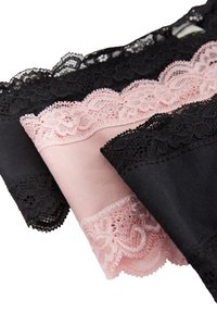 Black and pink panties with floral lace trim. The center piece is light pink satin, bordered by black lace on both sides.