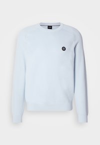 Light blue sweater with a round neck and ribbed cuffs. Features a small black logo accent on the chest. Smooth knit texture.