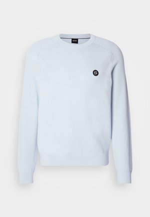 Svetlo modrý sveter s okrúhlym výstrihom a rebrovanými manžetami. Obsahuje malý čierny logo detail na hrudi. Hladká pletená textúra.