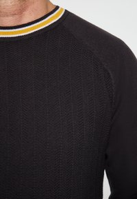Schwarzer Strickpullover mit einem strukturierten Fischgrätenmuster, runder Ausschnitt und einem gestreiften Kragen in Gelb, Weiß und Blau.