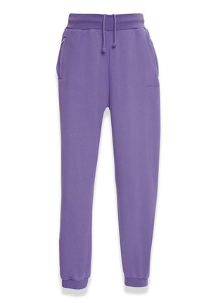 Purple sweatpants made of soft fabric, featuring an elastic waistband, drawstring, side pockets, and fitted leg cuffs.