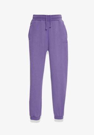 Purple sweatpants made of soft fabric, featuring an elastic waistband, drawstring, side pockets, and fitted leg cuffs.