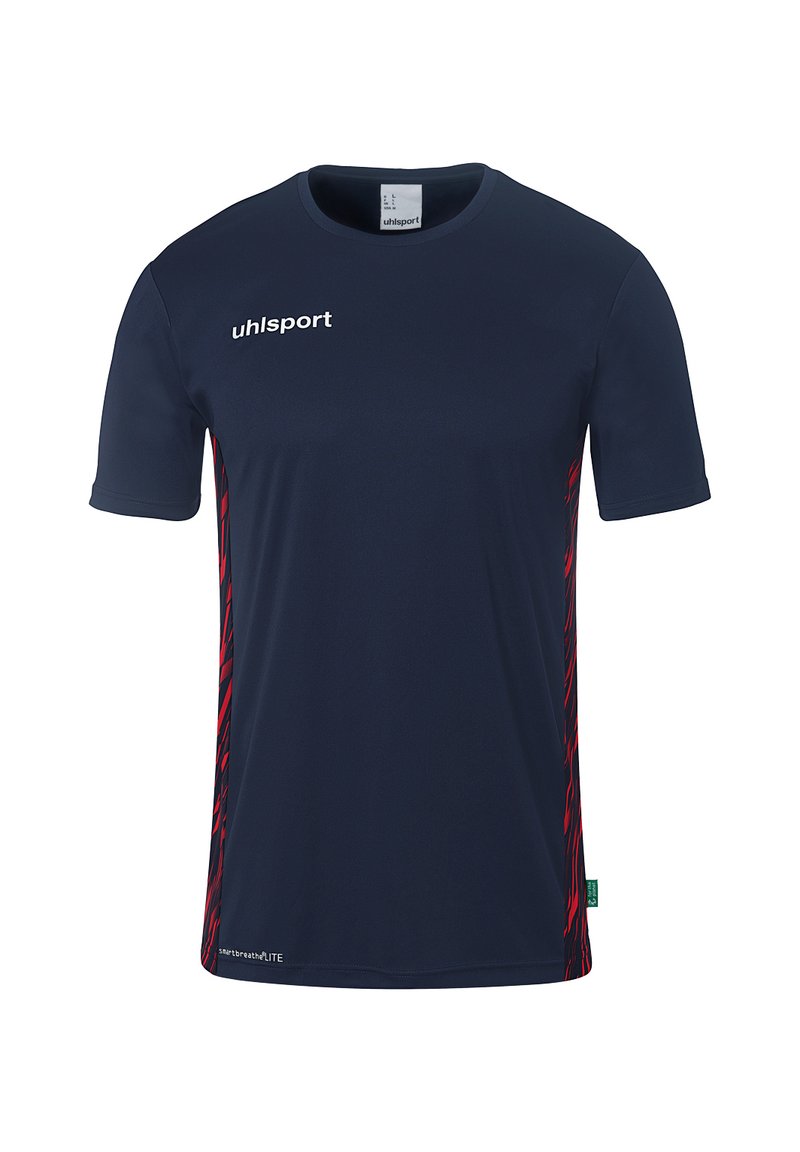 T-shirt de sport bleu marine à manches courtes, avec des rayures diagonales rouges subtiles sur les côtés et un logo blanc (« uhlsport ») à l'avant. Tissu léger.