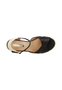 Sandalo con zeppa in pelle nera, con cinturini incrociati, piattaforma intrecciata beige, cinturino alla caviglia regolabile e soletta con marchio.