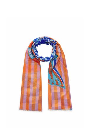 Lichtgewicht sjaal met verticale oranje en paarse strepen en abstracte blauwe, teal en rode patronen aan één uiteinde.