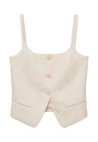 Crème cropped top met brede banden, voorzien van drie knopen en twee zijzakken. Gemaakt van gladde stof met een getailleerde pasvorm en gestructureerde vorm.