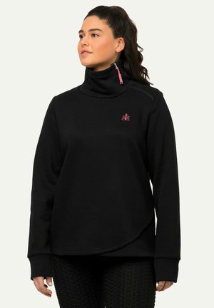 Zwarte sweatshirt met hoge kraag, roze ritsdetail en logo. Heeft een losse pasvorm, geribde mouwen en een zachte textuur.