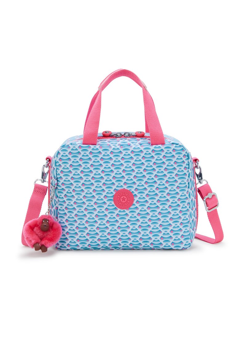 Borsa a mano blu e rosa con superficie texture, dotata di doppi manici, una tracolla staccabile e un accessorio a forma di scimmietta giocosa.