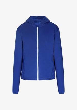 Niebieska kurtka z kapturem zapinana na zamek, wykonana z gładkiego materiału, z białym zamkiem błyskawicznym. Posiada długie rękawy oraz boczne kieszenie do przechowywania.