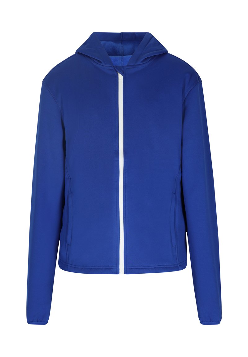 Blaues Zip-Hoodie aus glattem Stoff mit einem weißen Reißverschluss. Verfügt über lange Ärmel und Seitentaschen zum Verstauen.
