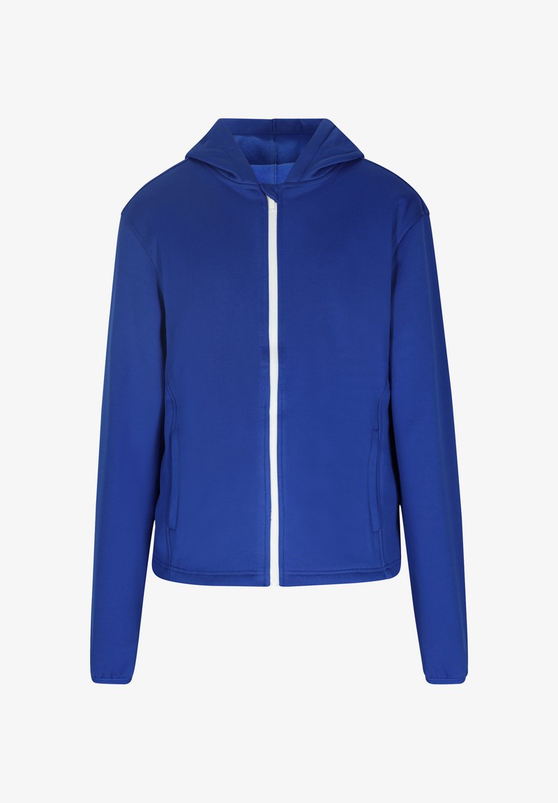 Giacca a zip blu con cappuccio realizzata in tessuto morbido con una zip bianca. Ha maniche lunghe e tasche laterali per riporre oggetti.