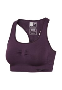 Lilla sømløs sports-bh med racerback-design, meshstof på ryggen og mærkelogoet "hummel" nederst til venstre.