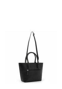Schwarze Tasche aus strukturiertem Leder, mit zwei Griffen und einem abnehmbaren Schultergurt. Enthält eine vordere Reißverschluss-Tasche zur Aufbewahrung.