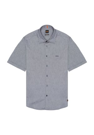 Kortermet skjorte med knapper i blå melert stoff, avrundet kant, med en liten logo på brystet og mørke knapper til lukking.