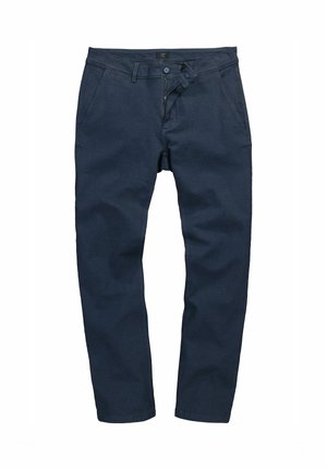 Marineblaue gerade geschnittene Hose mit Knopf- und Reißverschluss, Gürtelschlaufen und vorderen Seitentaschen, flach auf weißem Hintergrund liegend.