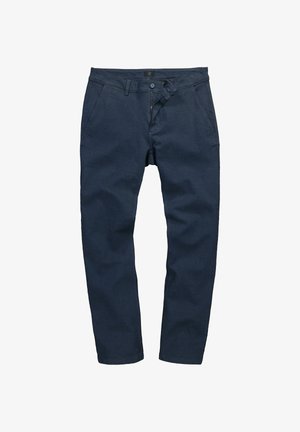 Marineblå bukser med lige ben, knap- og lynlås-lukning, bæltestropper og forlommer, lagt fladt på en hvid baggrund.