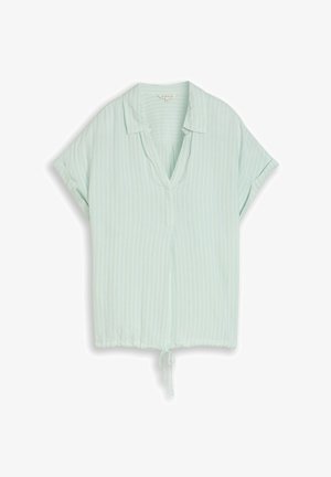Lichtgroene blouse met korte mouwen, voorzien van dunne witte verticale strepen, een V-hals en een trekkoord aan de zoom.