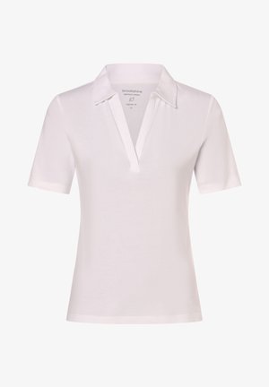 Weißes Poloshirt aus hochwertiger Baumwolle. Kurze Ärmel, V-Ausschnitt mit Kragen, normale Passform und glatte Textur. Einfaches und klassisches Design.