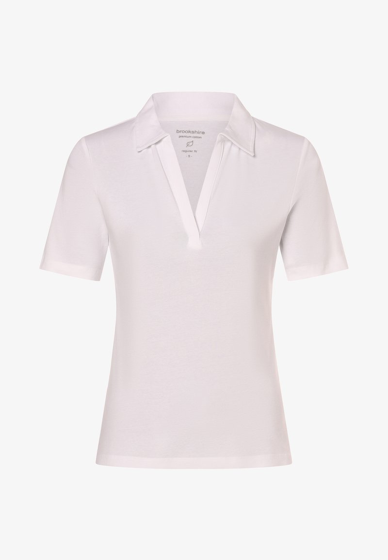 Weißes Poloshirt aus hochwertiger Baumwolle. Kurze Ärmel, V-Ausschnitt mit Kragen, normale Passform und glatte Textur. Einfaches und klassisches Design.