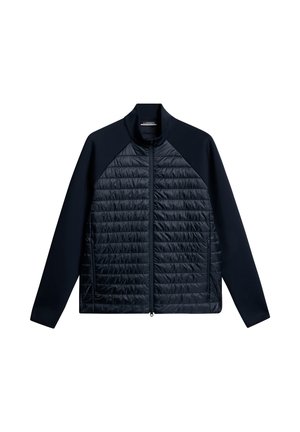 Marineblaue Zip-Jacke mit gesteppter Vorderseite und einfarbigen Ärmeln, ausgestattet mit einem Stehkragen und Reißverschlusstaschen auf beiden Seiten.