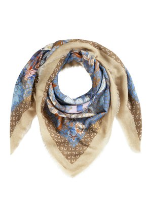 Foulard carré avec bord beige, motif floral bleu et marron, et petites formes de fers à cheval blancs, plié en triangle.