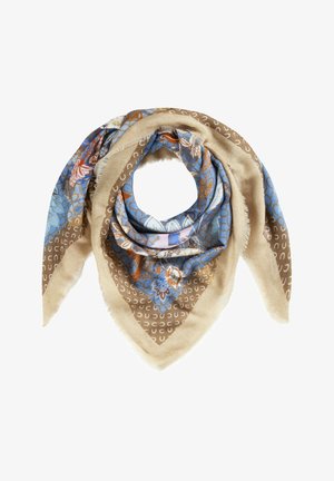 Kwadratowa apaszka z beżową obwódką, niebiesko-brązowym kwiatowym wzorem i małymi białymi kształtami podkowy, złożona w trójkąt.