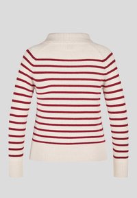Cremiger Pullover mit roten horizontalen Streifen, geripptem Kragen und Bündchen, langen Ärmeln und lockerer Passform. Weiche Textur, keine Knöpfe oder Verzierungen.