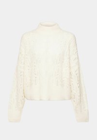 Romige turtleneck trui met een losse, cropped pasvorm. Bevat ingewikkelde kabelpatronen en getextureerde mouwen. Zacht, gebreid materiaal.