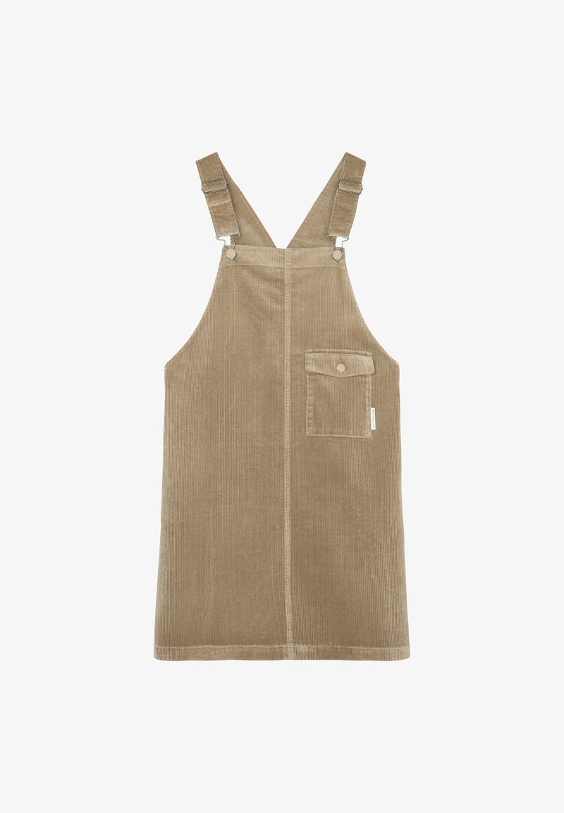 Robe salopette en velours côtelé beige avec bretelles réglables, couture centrale devant et poche à rabat boutonnée côté droit.