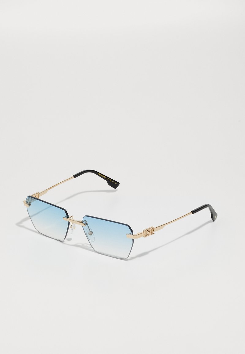 Rectangular sunglasses with gradient blue lenses, gold metal frames, and black temple tips. Features decorative hardware accents.