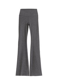 Grå yogabukser med høyt liv og vide ben, med en glatt midjebånd, laget av elastisk, melert stoff.