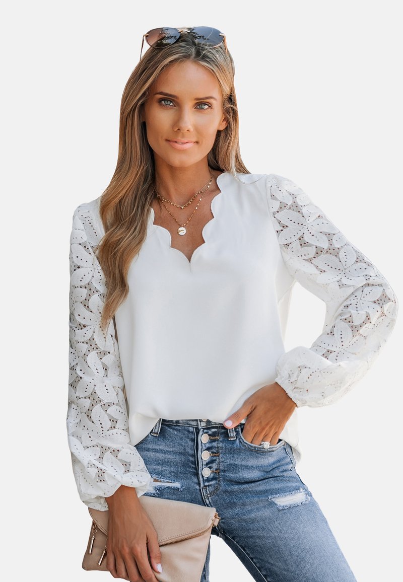 Cupshe V AUSSCHNITT WELLENKANTE ÄRMEL LANGARM LÄSSIGE Bluse weiß