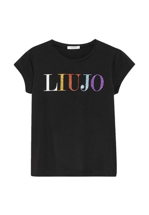 Camiseta negra de manga corta con cuello redondo y "LIU JO" impreso en grandes letras multicolores brillantes en el pecho.