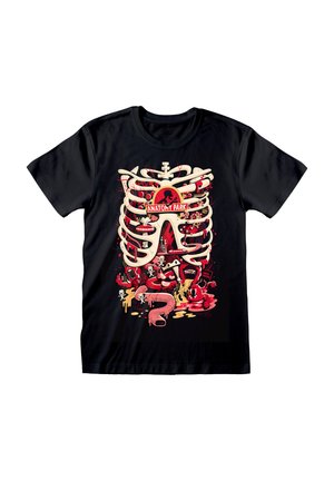 T-shirt noir avec un design graphique coloré de squelettes et d'organes avec le texte "ANATOMY PARK", représentant un thème d'anatomie ludique.