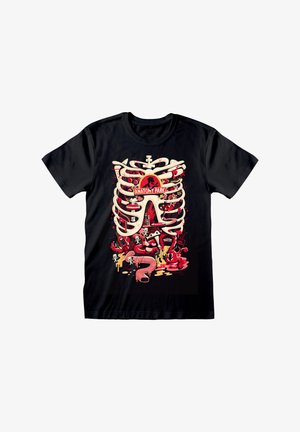 Černé tričko s barevným grafickým designem kostí a orgánů a textem "ANATOMY PARK", zobrazující hravou anatomickou tématiku.