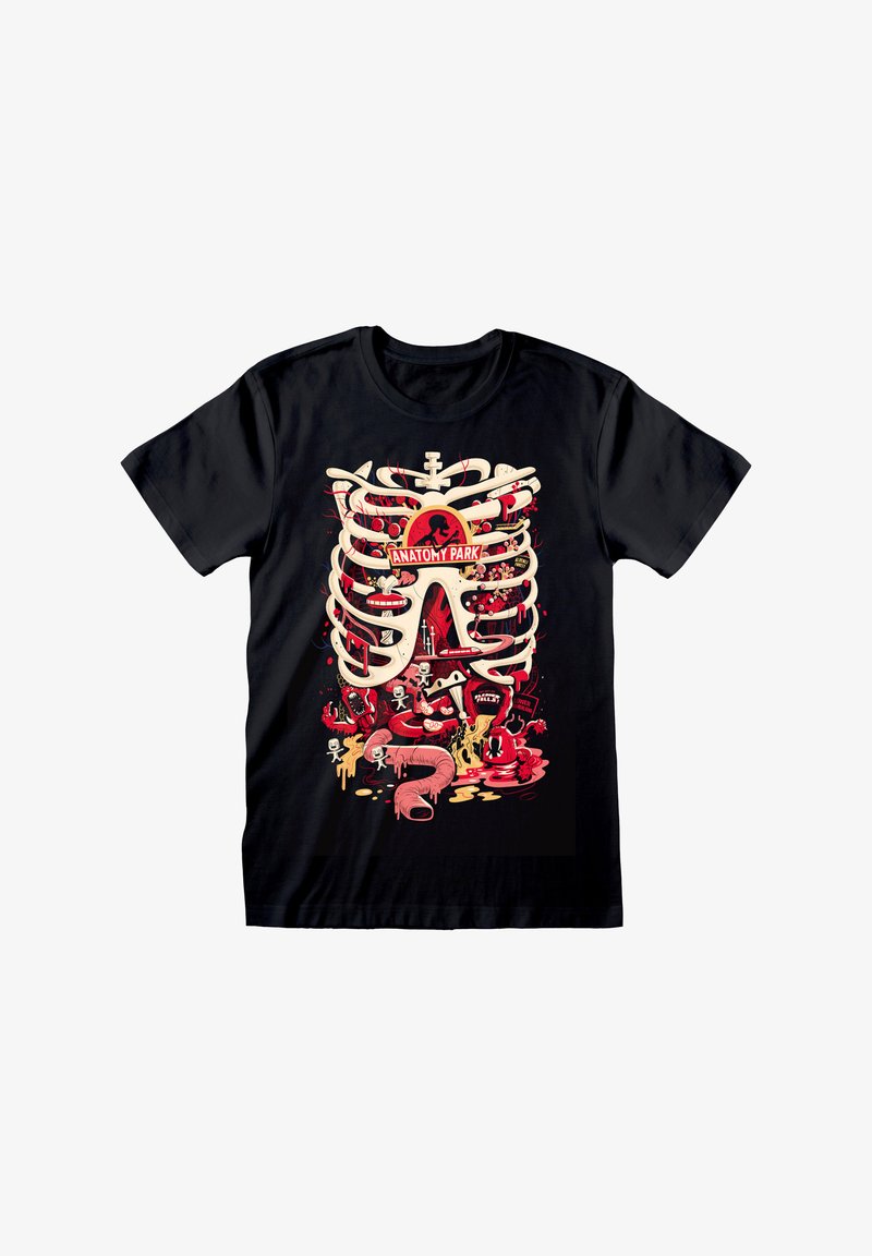 Černé tričko s barevným grafickým designem kostí a orgánů a textem "ANATOMY PARK", zobrazující hravou anatomickou tématiku.