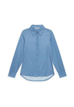 Camicia a maniche lunghe in tessuto azzurro chiaro con motivo geometrico ripetuto, colletto a punta, chiusura con bottoni e orlo arrotondato.
