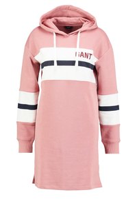 Robe sweat à capuche rose avec des rayures blanches et marines, détail de logo et manches longues. Fabriquée en tissu doux et texturé avec des fentes latérales.