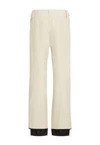 Lichtbeige broeken met een rechte snit, voorzien van een zwarte elastische manchet aan de zoom. Gladde textuur zonder zichtbare patronen of accenten.