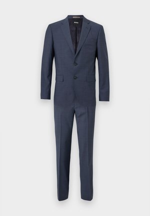 Costume pour homme bleu marine en deux pièces, comprenant un blazer à revers cranté avec deux boutons et un pantalon droit assorti.