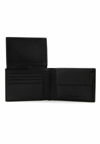 Black leather wallet, featuring a textured surface, multiple card slots, and a compartment with a flap closure, opened for visibility.